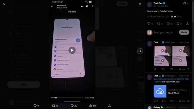 Bocoran Tampilan Pengaturan Samsung One UI 8.5 di 'X' oleh That Dev (@Feruzbek_101).