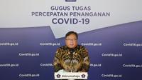 Menristek Bambang P. S. Brodjonegoro menyampaikan, kementeriannya tengah melakukan uji klinis terhadap jahe merah, jambu biji, dan minyak kelapa murni untuk COVID-19 di Graha BNPB, Jakarta, Minggu (3/5/2020). (Dok Badan Nasional Penanggulangan Bencana/BNPB)