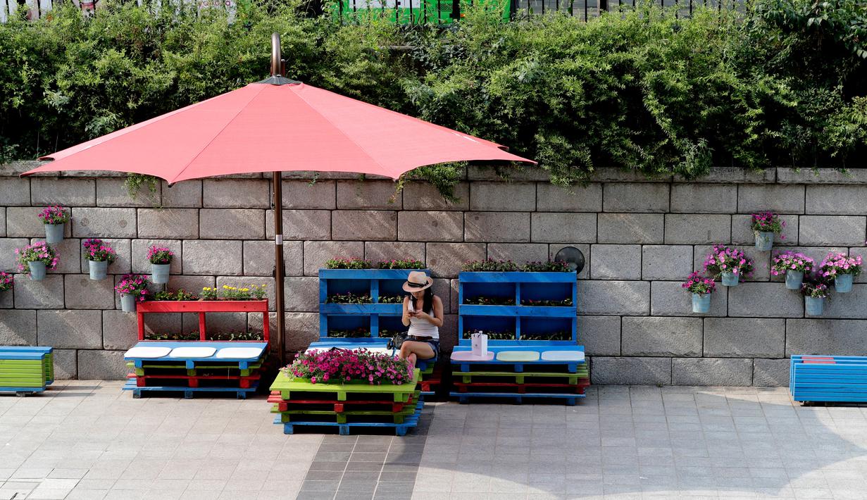 Seorang wanita duduk di bangku saat siang hari di dekat Sungai Cheonggye, Seoul, Korea Selatan, Senin (23/7). Selain Korea Selatan, Jepang juga menghadapi gelombang suhu panas mematikan.(AP Photo/Lee Jin-man)