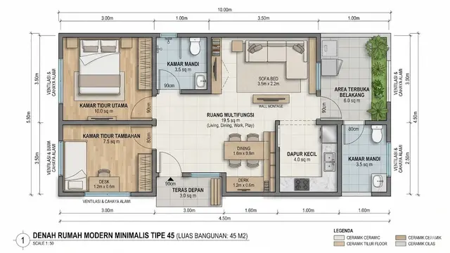 Denah Rumah 1 Lantai Tipe 45 dengan 2 Kamar dan Ruang Multifungsi