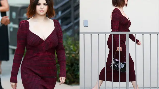 Selena Gomez memakai gaun rajut burgundy saat ia memotong pendek rambutnya pada 2021
