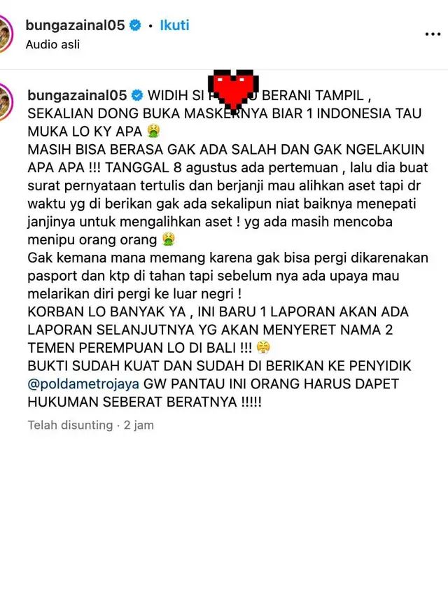 Unggahan Bunga Zainal. (Foto: Dok. Instagram @bungazainal05)