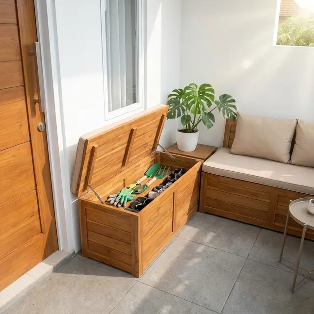 Teras Modern dengan Bangku Penyimpanan (Storage Bench) (Gemini AI)