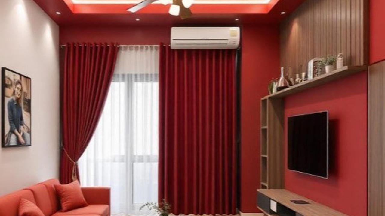 Ilustrasi ruang tamu dengan dinding warna merah maroon