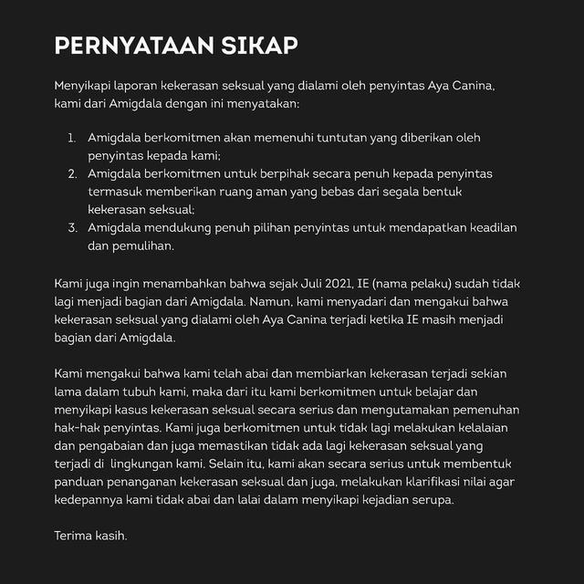 Pernyataan sikap band Amigdala. (Foto: Dok. Instagram @musikamigdala)
