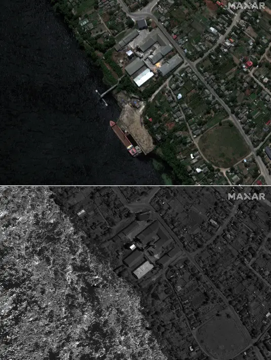 Kombinasi citra satelit handout milik Maxar Technologies ini menunjukkan Nova Kakhovka (atas) di sepanjang sungai Dnipro di Kherson pada tanggal 15 Mei 2023 dan kota yang sama dengan dermaga pelayaran yang hanyut pada tanggal 6 Juni 2023 setelah banjir setelah serangan terhadap bendungan utama yang dikuasai Rusia di Ukraina selatan yang melepaskan semburan air yang membanjiri dua lusin desa dan memaksa evakuasi 17.000 orang, yang memicu kekhawatiran akan terjadinya bencana kemanusiaan. (Photo by Satellite image ©2023 Maxar Technologies / AFP)
