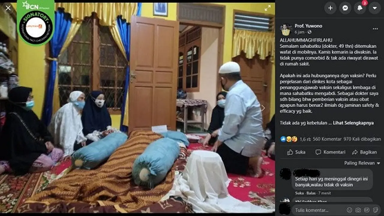 Gambar Tangkapan Layar Kabar Seorang Dokter Meninggal Dunia Diklaim Usai Disuntik Vaksin (sumber: Facebook)