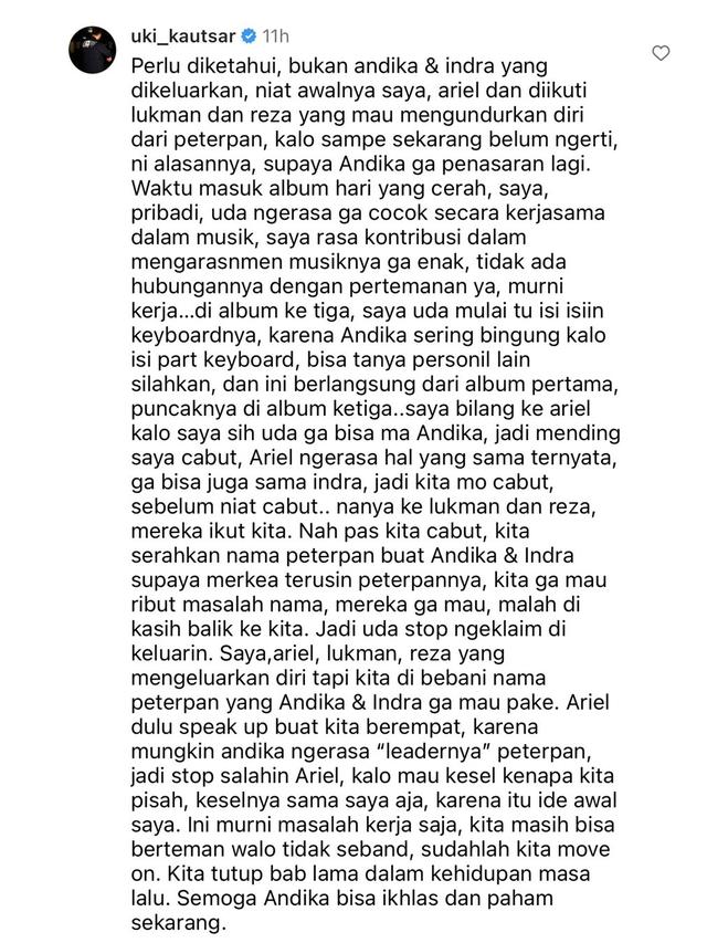 5 Klarifikasi Uki Soal Pengakuan Andika Dikeluarkan dari Peterpan, Ariel Ikut Komentar