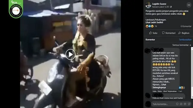 Gambar Tangkapan Layar Video yang Diklaim Pengantin Wanita Jemput Pasangannya Pakai Motor (sumber: facebook)