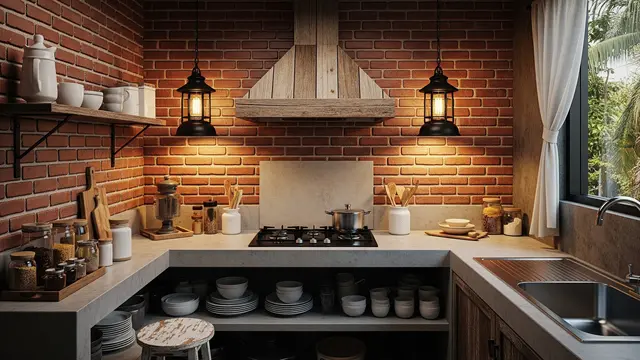 Dapur Industrial Rustic dengan Balok Kayu dan Tudung Kompor Daur Ulang