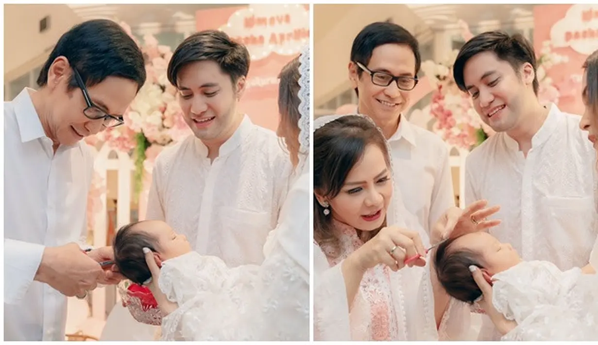 Setelah Kevin Aprilio, Addie MS dan Memes kemudian bergantian memotong rambut sang cucu. Senyuman terlukis di wajahnya, musikus berusia 65 tahun ini tak bisa sembunyikan rasa bahagianya. Baby Kimova adalah cucu pertama dan tentunya akan menjadi cucu kesayangannya, Memes yang tampak gemas dengan sang cucu ketika memotong rambutnya bikin Addie MS dan Kevin tersenyum. (Liputan6.com/IG/@vicymelanie)