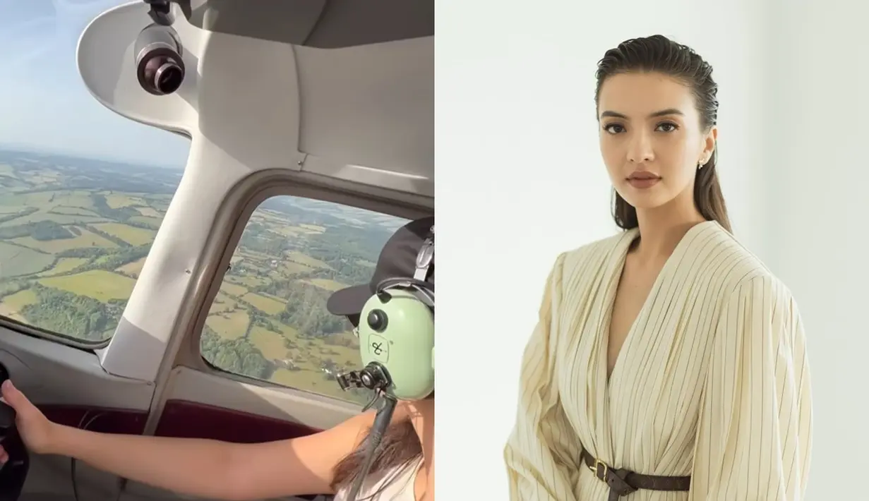Sosok artis multitalenta ini kembali mencuri perhatian publik lewat aksinya yang tidak biasa. Raline terlihat mengenakan headset pilot sambil mengendalikan pesawat ringan dengan percaya diri. Pemandangan hamparan hijau di bawah pesawat menambah kesan elegan dalam unggahan tersebut. (Liputan6.com/IG/@ralineshah)