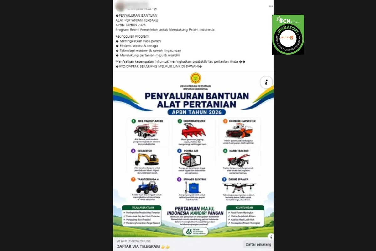 Cek Fakta Liputan6.com mendapati klaim link pendaftaran untuk mendapatkan bantuan alat pertanian 2026 dari Kementan.