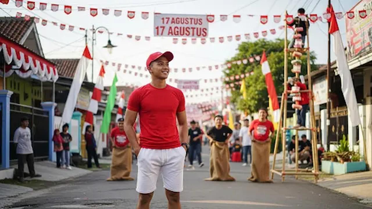 T-Shirt Merah &amp; Celana Pendek Putih Stretch/Outfit untuk Rayakan 17 Agustus (Sumber: gemini.com)