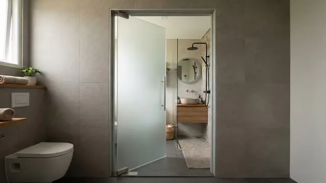 Pintu Kamar Mandi Pivot Minimalis dengan Kaca Frosted