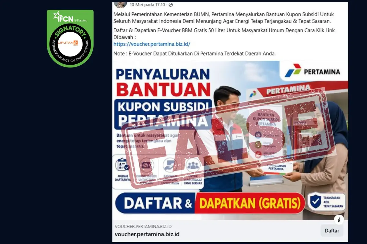 Cek Fakta Liputan6.com menangkap layar klaim link bantuan Pertamina kupon subsidi e-voucher BBM gratis 50 liter,