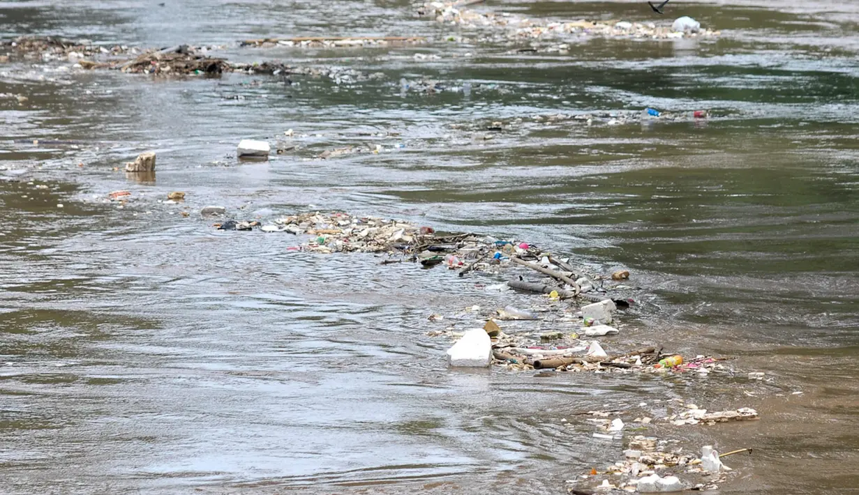 Sampah yang terbawa aliran sungai Ciliwung di kawasan bukit duri menuju pintu air Manggarai, Jakarta, Rabu (8/3). Hujan deras yang mengguyur kawasan Jabodetabek semalam membuat aliran air Ciliwung meningkat dan membawa sampah. (Liputan6.com/Yoppy Renato)