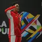 Pebulu tangkis putra Indonesia Jonatan Christie saat merayakan kemenangan pada final tunggal putra SEA Games 2017 melawan Khosit Phetpradab dari Thailand di Axiata Arena, Malaysia, Selasa (29/8). (Liputan6.com/Faizal Fanani)