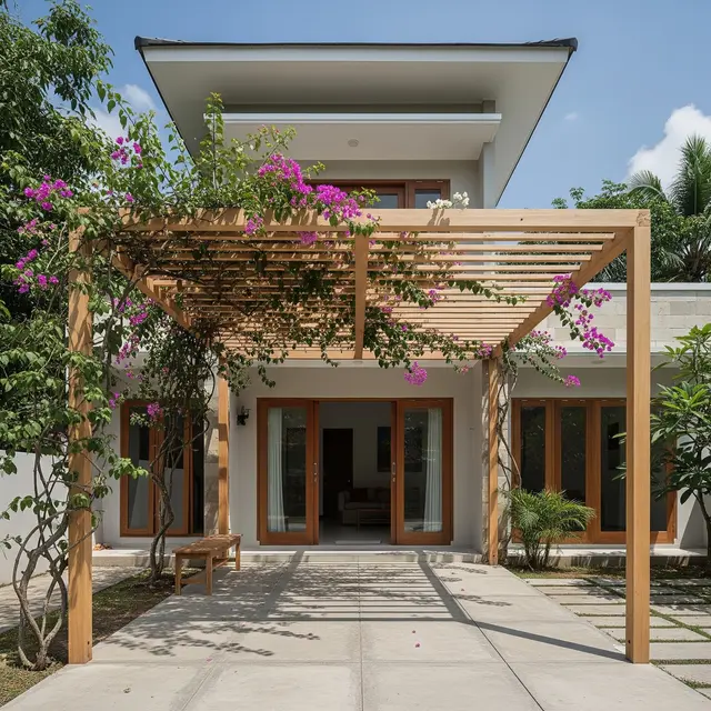 Model Pergola Kayu Alami dengan Tanaman Rambat (Gemini AI)