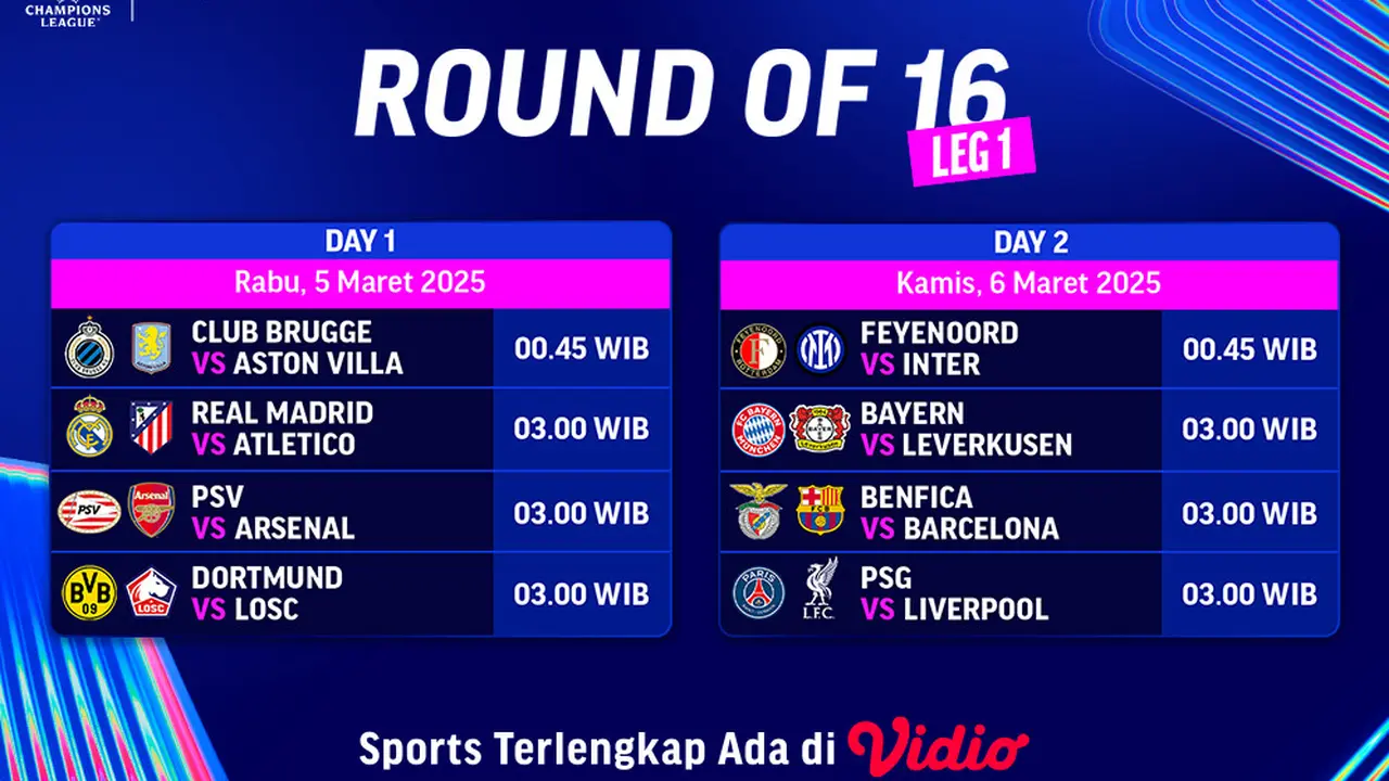Jadwal Siaran Langsung Liga Champions 2024/25 Round of 16 Leg Pertama di Vidio