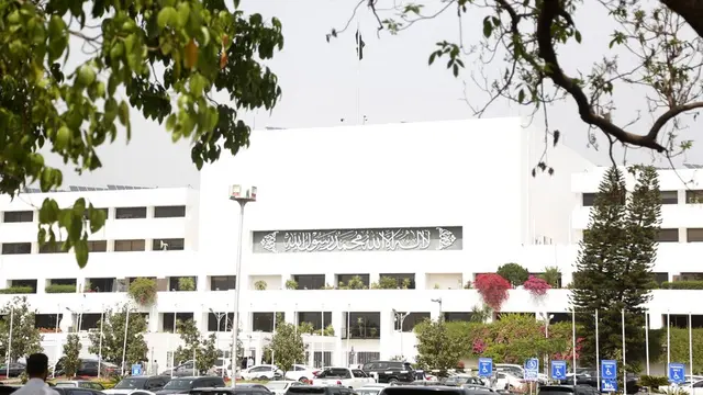Gedung Majelis Nasional, tempat Shahbaz Sharif terpilih sebagai perdana menteri baru Pakistan, di Islamabad, ibu kota Pakistan.