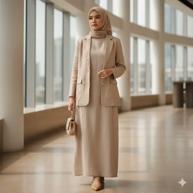 Gamis Lurus Basic dengan Blazer Linen Senada (Gemini AI)