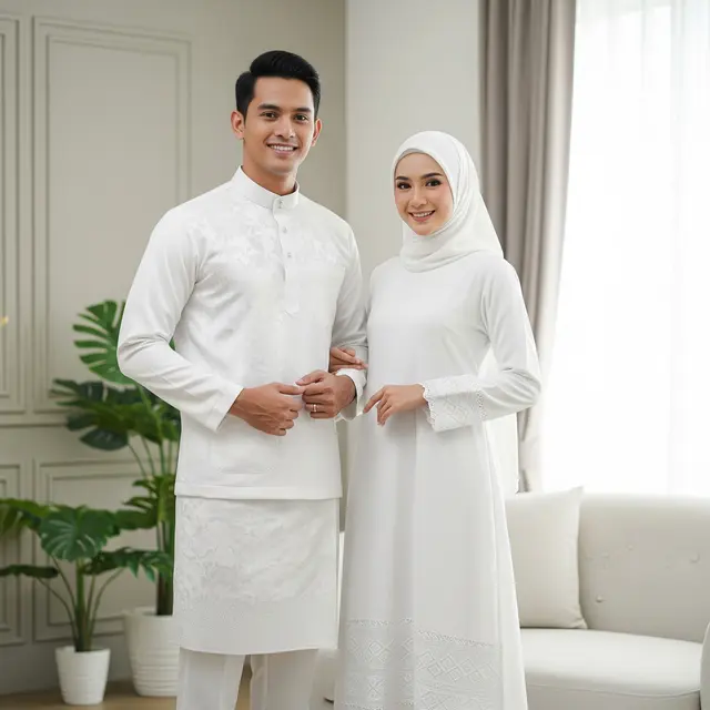 Pasangan pakai baju lebaran Kemeja Koko dan Gamis Putih Bersih (Gemini AI)