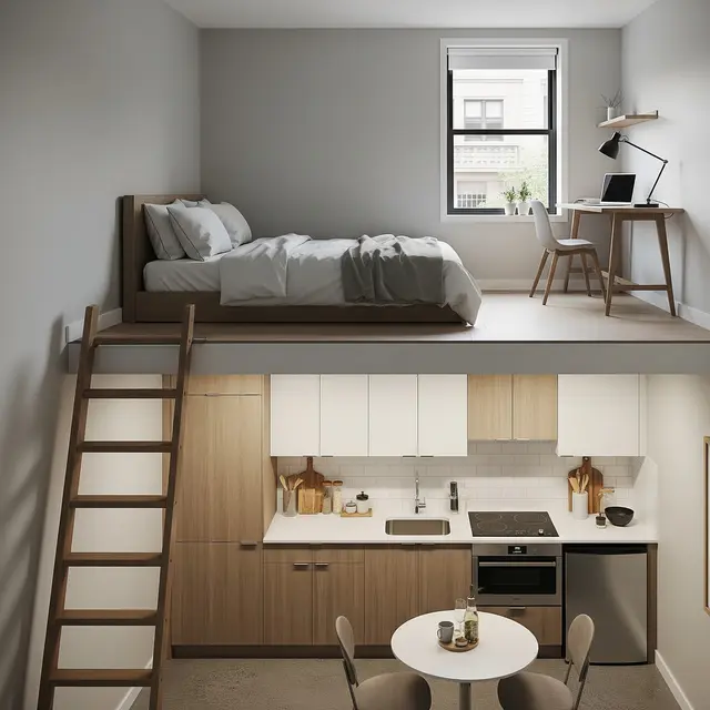 Kamar Tidur Mezzanine di Atas Dapur Rumah Kecil