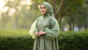 Gamis Batik Sage Organza Lengan Balon (AI)