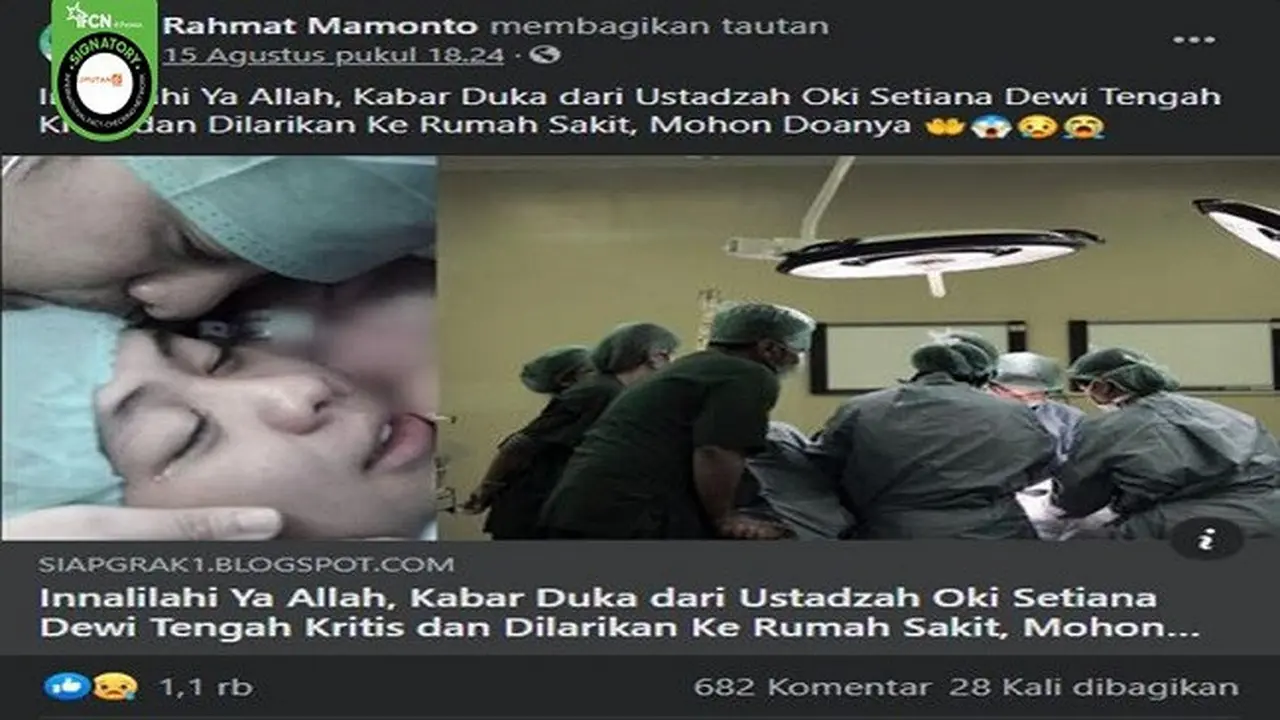 Gambar Tangkapan Layar Kabar Hoaks Oki Setiana Dewi Kritis (sumber: Facebook).