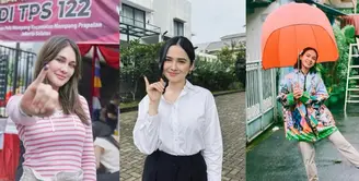 Luna Maya tampil dengan dress code bertema valentine untuk nyoblos pemilu 2024. Ia mengenakan striped long sleeve top nuansa pink-putih dan high waisted pants warna putih gading. [@lunamaya]