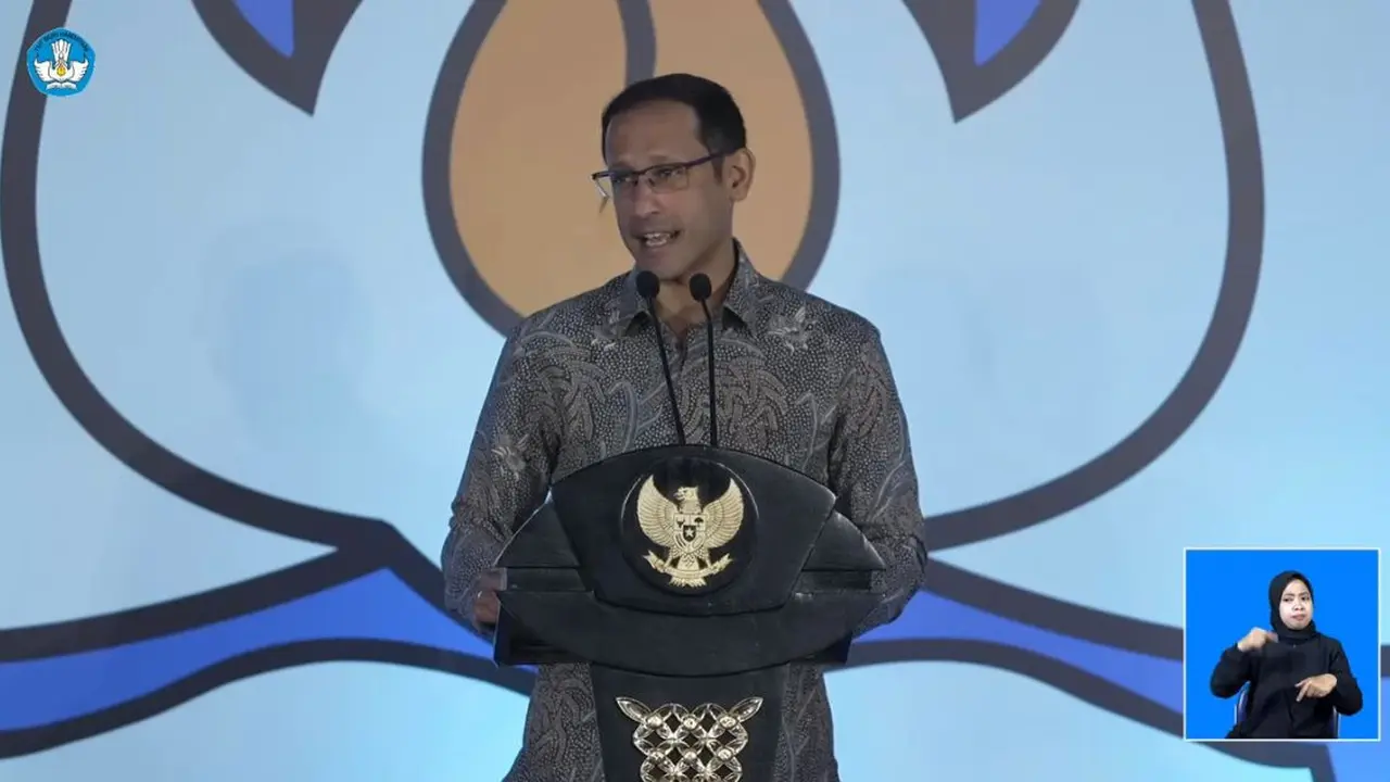 Menteri Pendidikan, Kebudayaan, Riset, dan Teknologi Indonesia, Nadiem Makarim saat acara Merdeka Belajar
