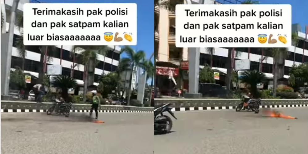 Polisi padamkan motor terbakar (Instagram/@polantasindonesia)