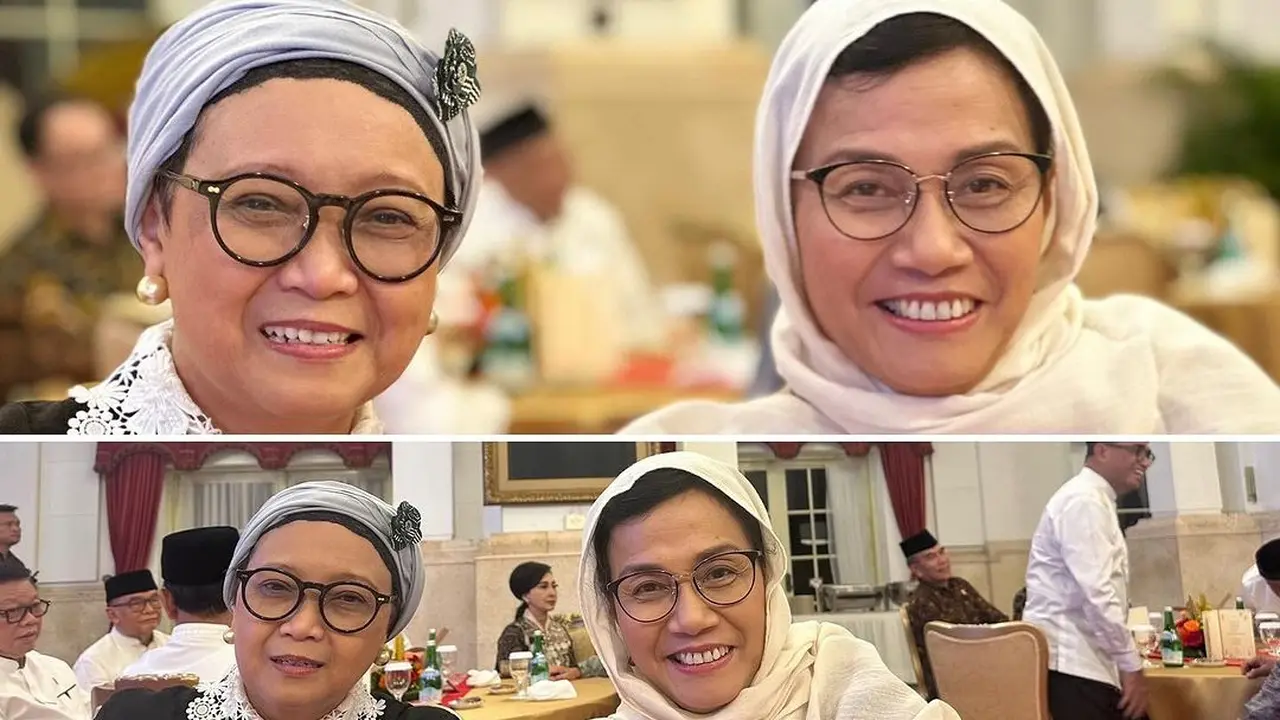 Gaya Retno Marsudi dan Sri Mulyani Hadiri Acara Bukber Presiden Jokowi,  Dua Bestie Kompak Kenakan Turban dan Kerudung