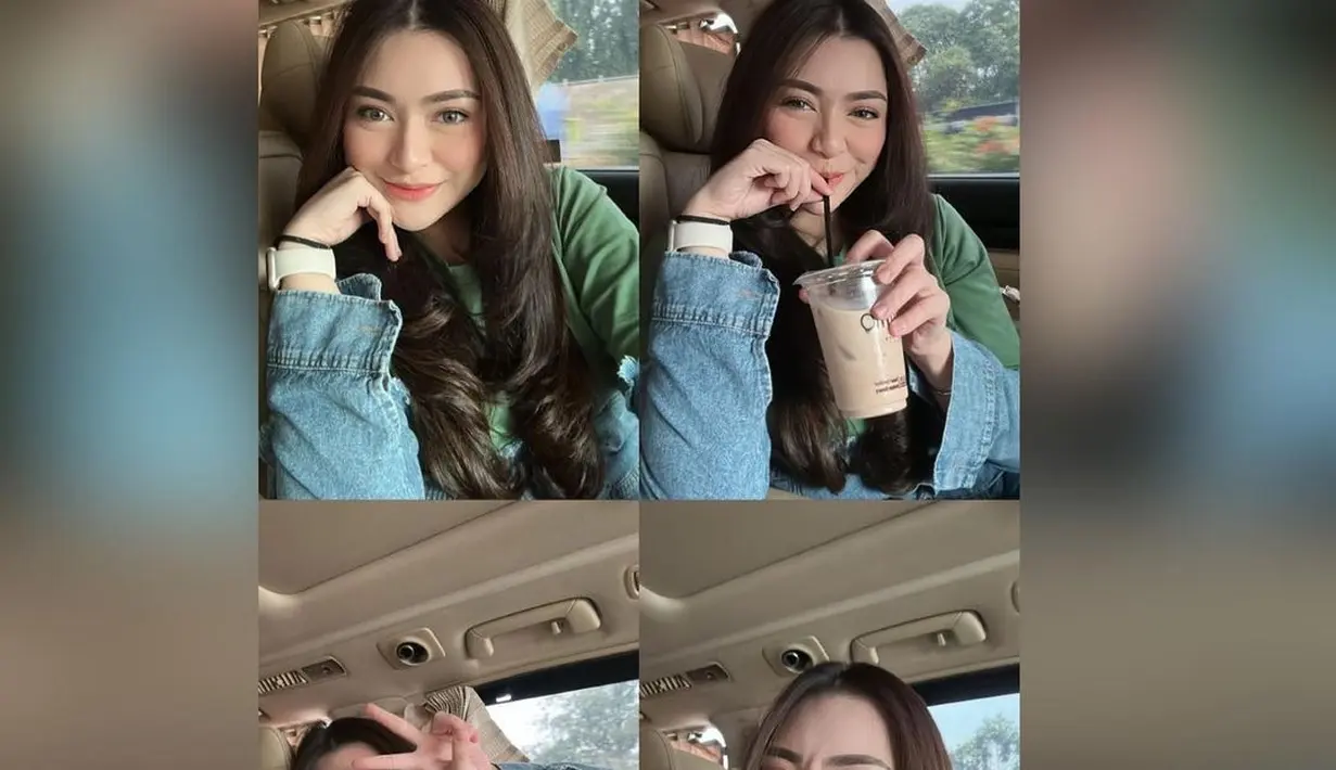 Foto kolase dari selfie Nathalie Holscher di dalam mobil. Rambut panjang bergelombangnya tampak dibiarkan tergerai, dengan detail makeup minimalis yang cantik. Foto: Instagram.