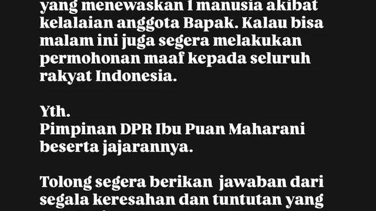Surat Terbuka Kiky Saputri untuk Puan Maharani, Buntut Affan Kurniawan Tewas Dilindas Rantis Brimob