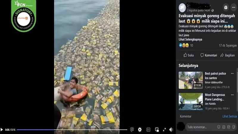Gambar Tangkapan Layar Video yang Diklaim Evakuasi Minyak Goreng Kemasan di Laut Jawa (sumber: Facebook).