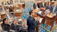 Sketsa artis ini menggambarkan manajer pemakzulan Schiff yang mengajukan argumen dalam persidangan pemakzulan Presiden Donald Trump. [Dana Verkouteren / AP Photo]