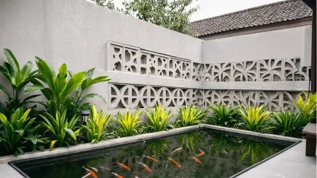 Desain Halaman Belakang dengan Puring dan Roster Beton (AI)