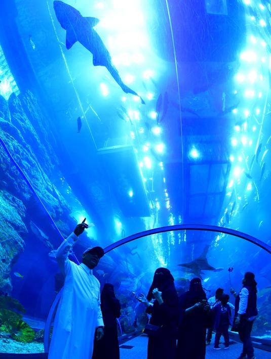 Wisatawan mengunjungi akuarium Dubai Mall di pusat kota Dubai, Uni Emirat Arab pada Rabu (2/1). Dubai Mall aquarium ini merupakan akuarium dalam mal yang disebut sebagai yang terbesar di dunia. (GIUSEPPE CACACE / AFP)