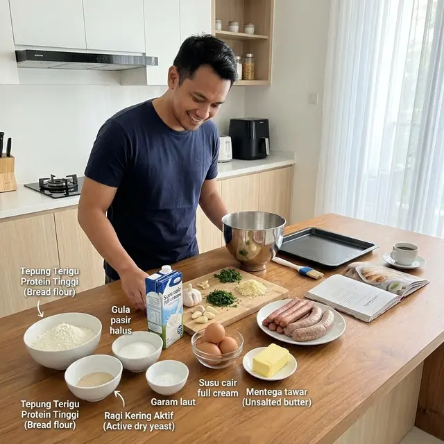 Menyiapkan bahan Roti Sosis Garlic