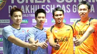 Ganda putra Indonesia, Mohammad Ahsan/Hendra Setiawan dan Kevin Sanjaya Sukamuljo/Marcus Fernaldi Gideon, setelah semifinal India Terbuka 2018, Sabtu (3/2/2018). (PBSI)