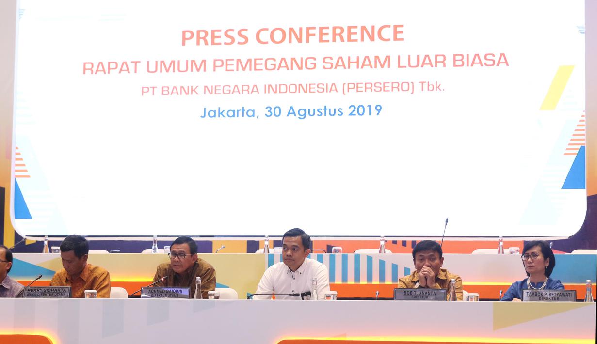 Suasana Rapat Umum Pemegang Saham Luar Biasa (RUPSLB) BNI di Jakarta, Jumat (30/8/2019). Rapat tersebut membahas dua agenda yaitu Evaluasi/ Pemaparan Kinerja Perseroan sampai dengan Semester I Tahun 2019. (Liputan6.com/Angga Yuniar)