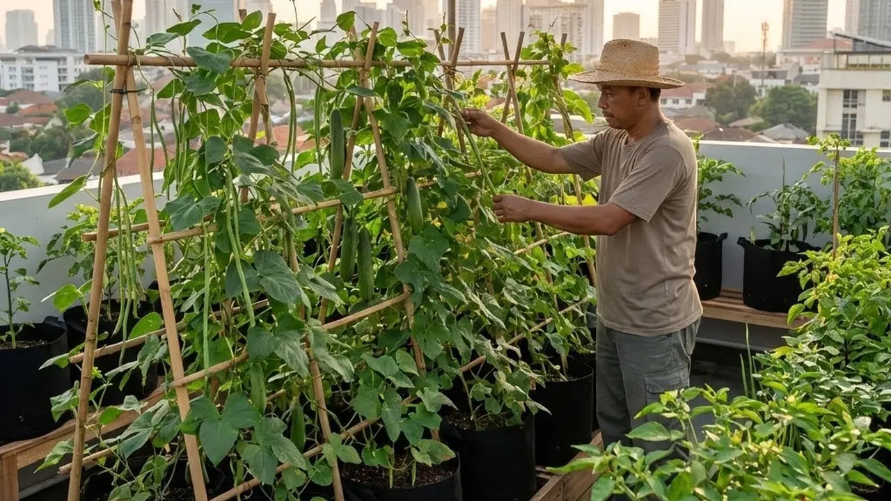 Rooftop Garden Taman Sayur Rambat dengan Paranet (Gemini AI)