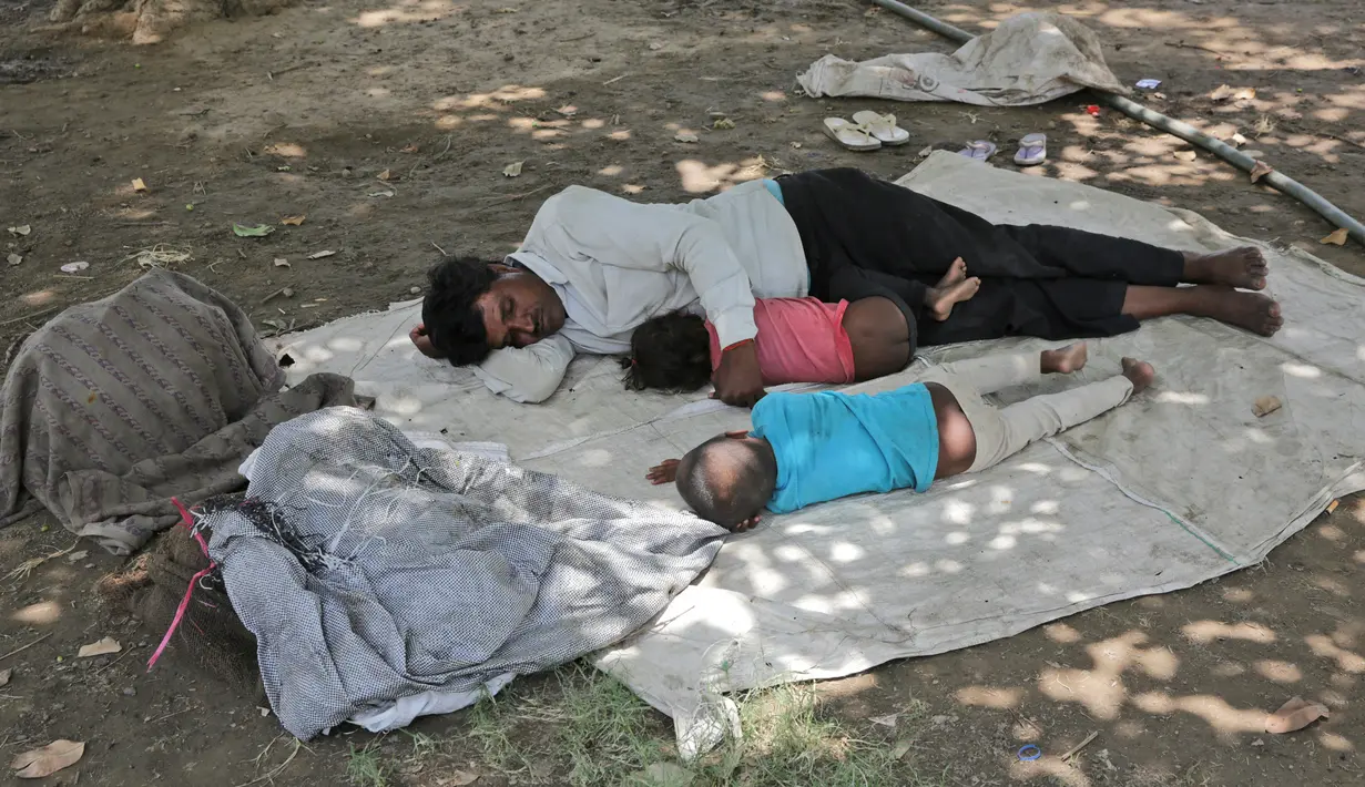 Keluarga tidur di bawah pohon selama musim panas di New Delhi, India (10/6/2019). Kondisi gelombang panas yang parah menyapu bagian utara dan barat India dengan suhu maksimum melonjak hingga 48 derajat Celcius ( 118 F) di beberapa bagian Rajasthan. (AP Photo/Manish Swarup)