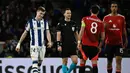 Hasil imbang pada leg pertama 16 besar Liga Europa 2024/2025 membuat kedua tim sama-sama berpeluang lolos ke perempat final. Laga leg kedua akan digelar di stadion Old Trafford, Manchester United pada pekan depan. (ANDER GILLENEA/AFP)