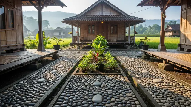 Desain Rumah Desa dengan Batu Terapi Kaki Depan Teras