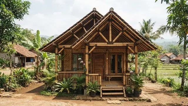 Rumah bambu sederhana tapi tidak ketinggalan zaman model atap pelana