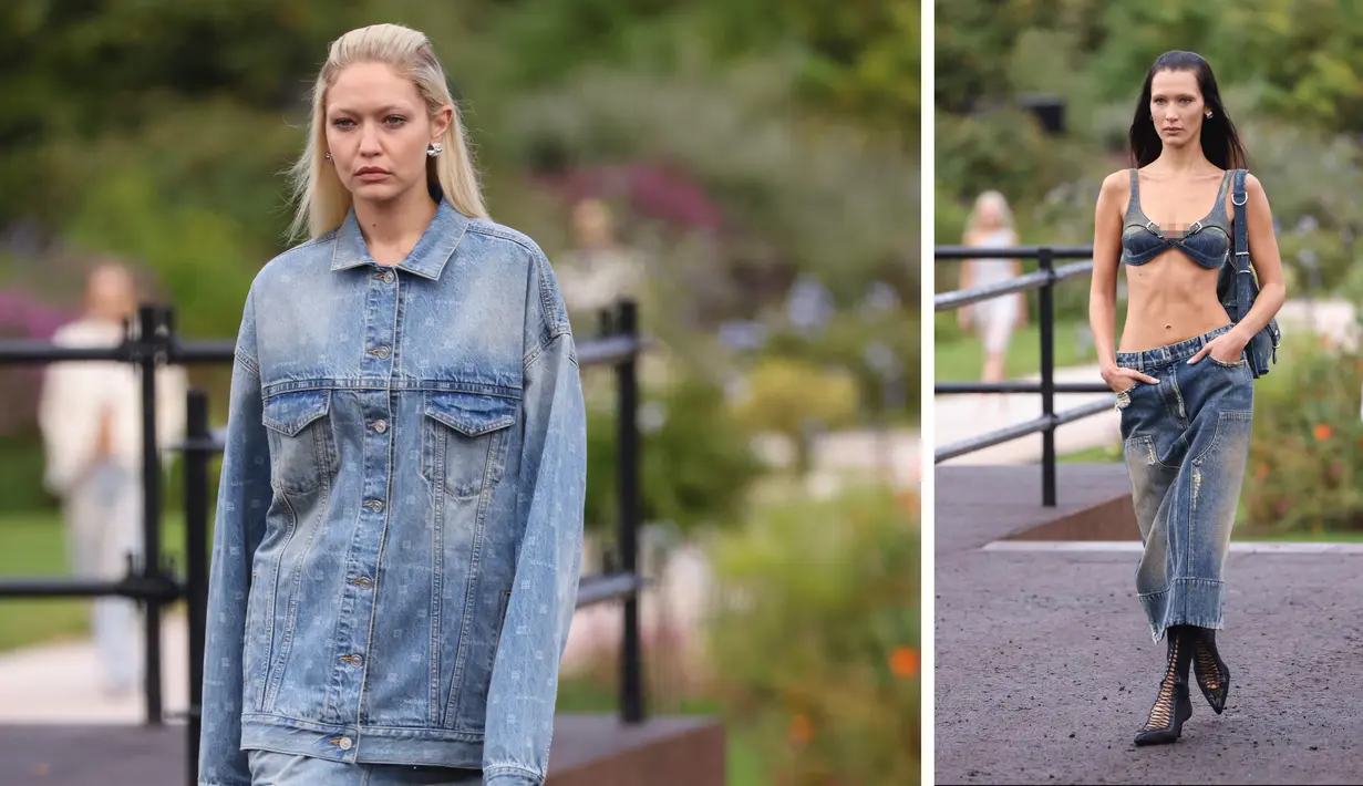 Foto kombinasi model Bella Hadid dan Gigi Hadid saat mengenakan kreasi untuk koleksi busana ready-to-wear Spring/Summer 2023 dari Givenchy yang dipresentasikan selama Paris Fashion Week di Paris pada Minggu, 2 Oktober 2022 . (Photo by Vianney Le Caer/Invision/AP)