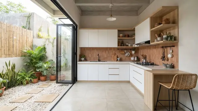 Dapur dengan Konsep Semi Terbuka dengan Pintu Kaca Lipat